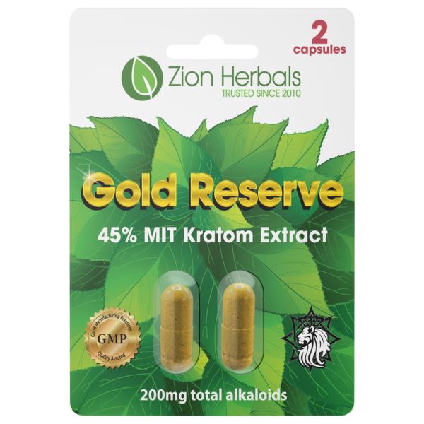Kratom Extract Capsules Zion Herbals Gold Reserve with 45% MIT