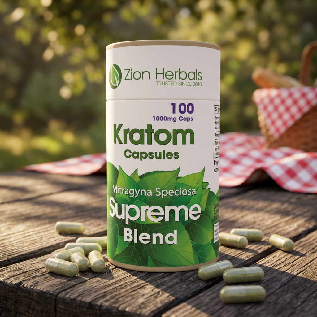 A close-up of a Kratom capsules bottle labeled Zion Herbals on a wooden table with green leaves artwork and scattered capsules nearby