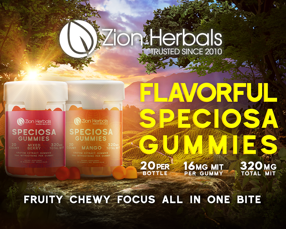 Zion Herbals Flavorful Speciosa Gummies 16mg MIT each Flavorful Kratom Extract