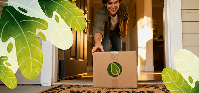 Delivery person places a cardboard box with a green leaf logo on a home's doorstep; large leaves frame the scene in the foreground.