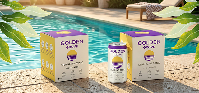 Two Golden Grove Sparkling Tonic Plum Ginger cans and boxes sit on a poolside deck beside a blue pool, with green plants in frame.