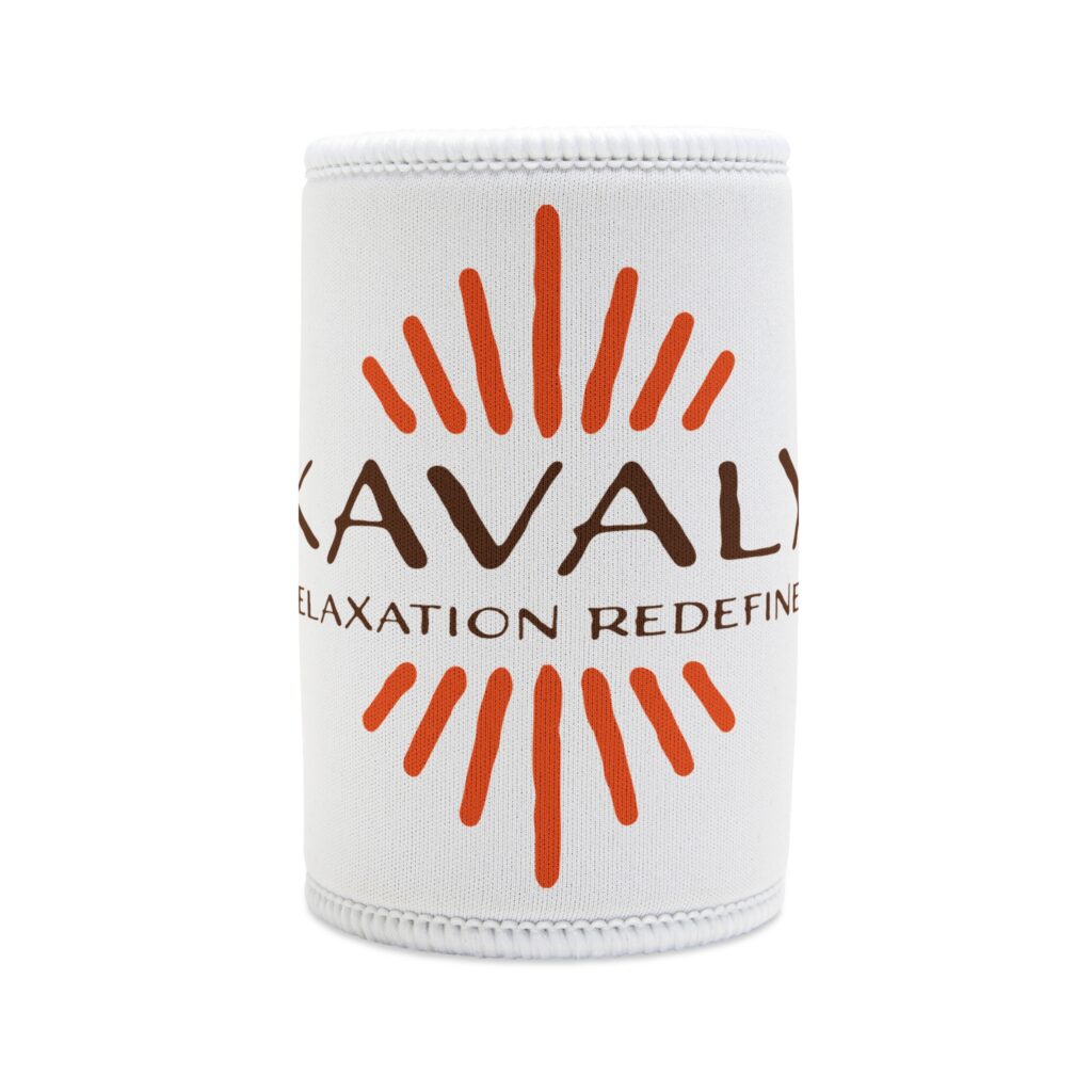 White cylindrical bottle sleeve with orange sunburst graphics on fabric texture core to the design