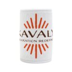 White cylindrical bottle sleeve with orange sunburst graphics on fabric texture core to the design