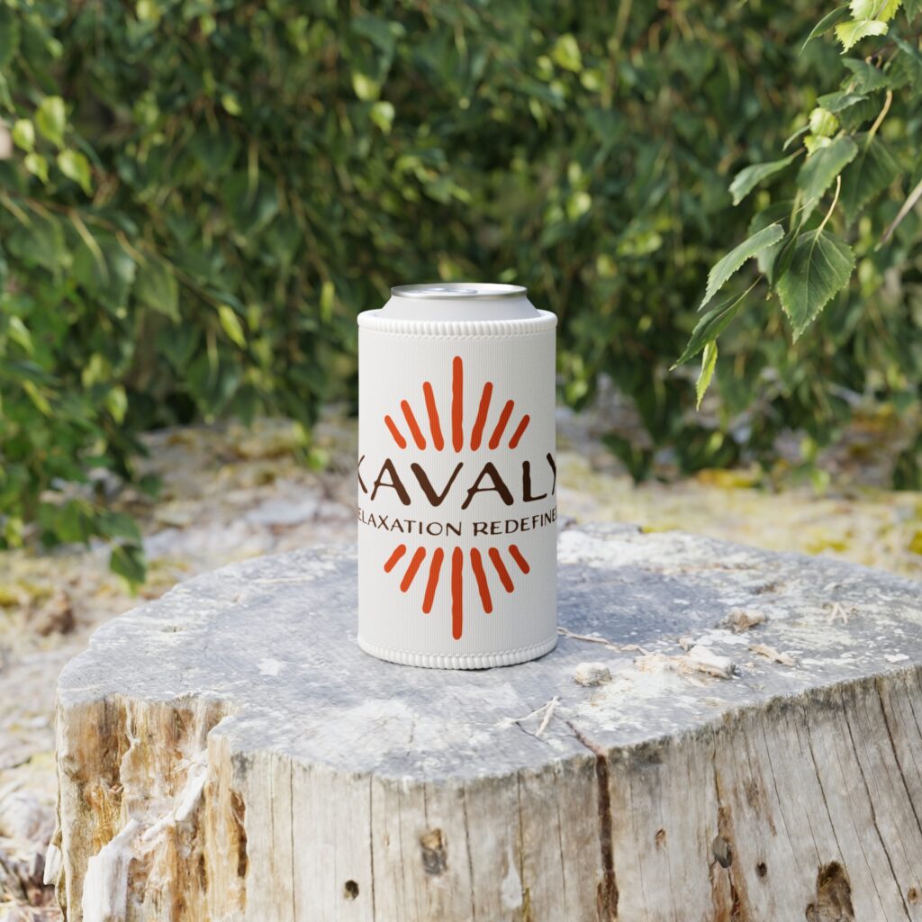 A white can with an orange sunburst design sits on a rough tree stump outdoors, with green leaves in the background.