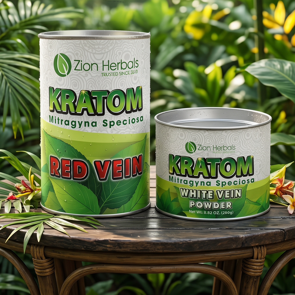 Two Kratom product cans on a wooden table, labeled Red Vein and White Vein powder, with green leaf graphics and tropical plants in background.