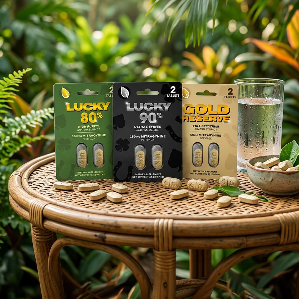 Three supplement pouches labeled Lucky 80%, Lucky 90%, and Gold Reserve on a woven table with pills spilled around them in a garden setting.