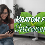 Woman with headphones smiling at a phone; green leaf graphic and the text 'Kratom For Introverts' overlaid in the foreground.