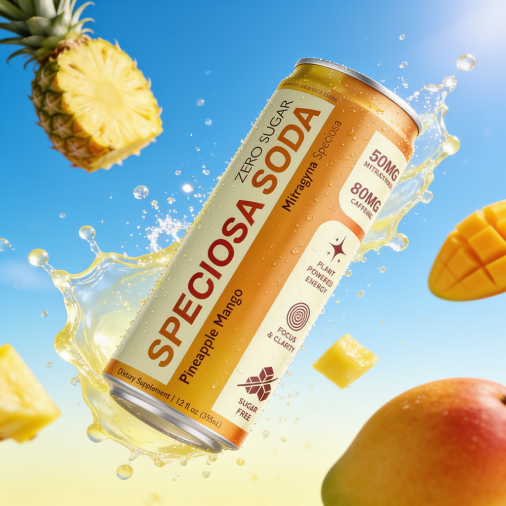 Can of Zero Sugar energy drink tilted mid-splash with pineapple and mango flavors against a blue sky background.