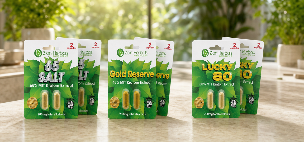 Row of Zion Herbals supplement packets on a countertop, featuring 65 Salt, Gold Reserve, and Lucky 80 with two capsules visible in each package.