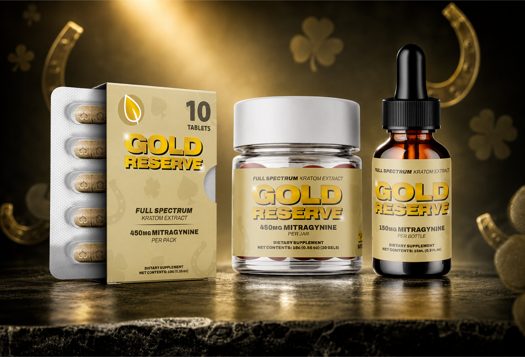 Gold Reserve kratom supplement trio: blister pack, labeled jar, and dropper bottle on a wooden surface with a gold-toned backdrop.